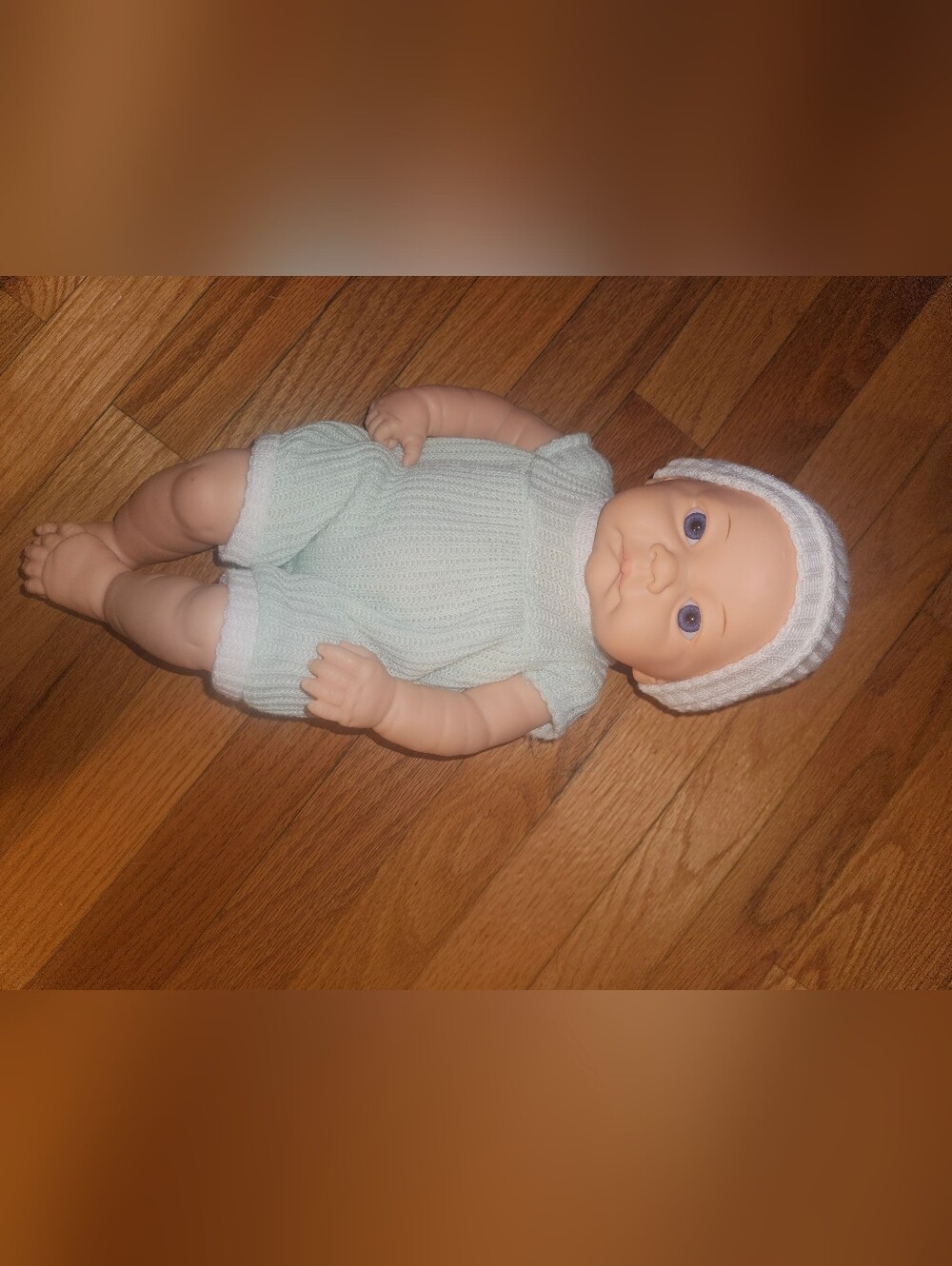 Baby Doll in Light Blue Knit Outfit with Matching Hat